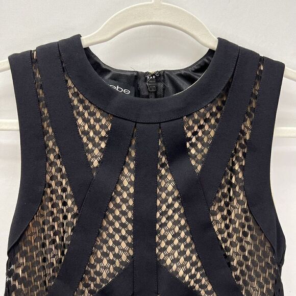 Bebe Bodycon Peplum Lace Neoprene Bright Colorful Midi Dress Sleeveless Black XS - Picture 5 of 16